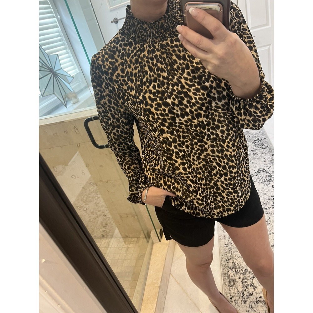 J.CREW Career Long Sleeve Smock Neck Blouse Leopard Print Brown Sz M